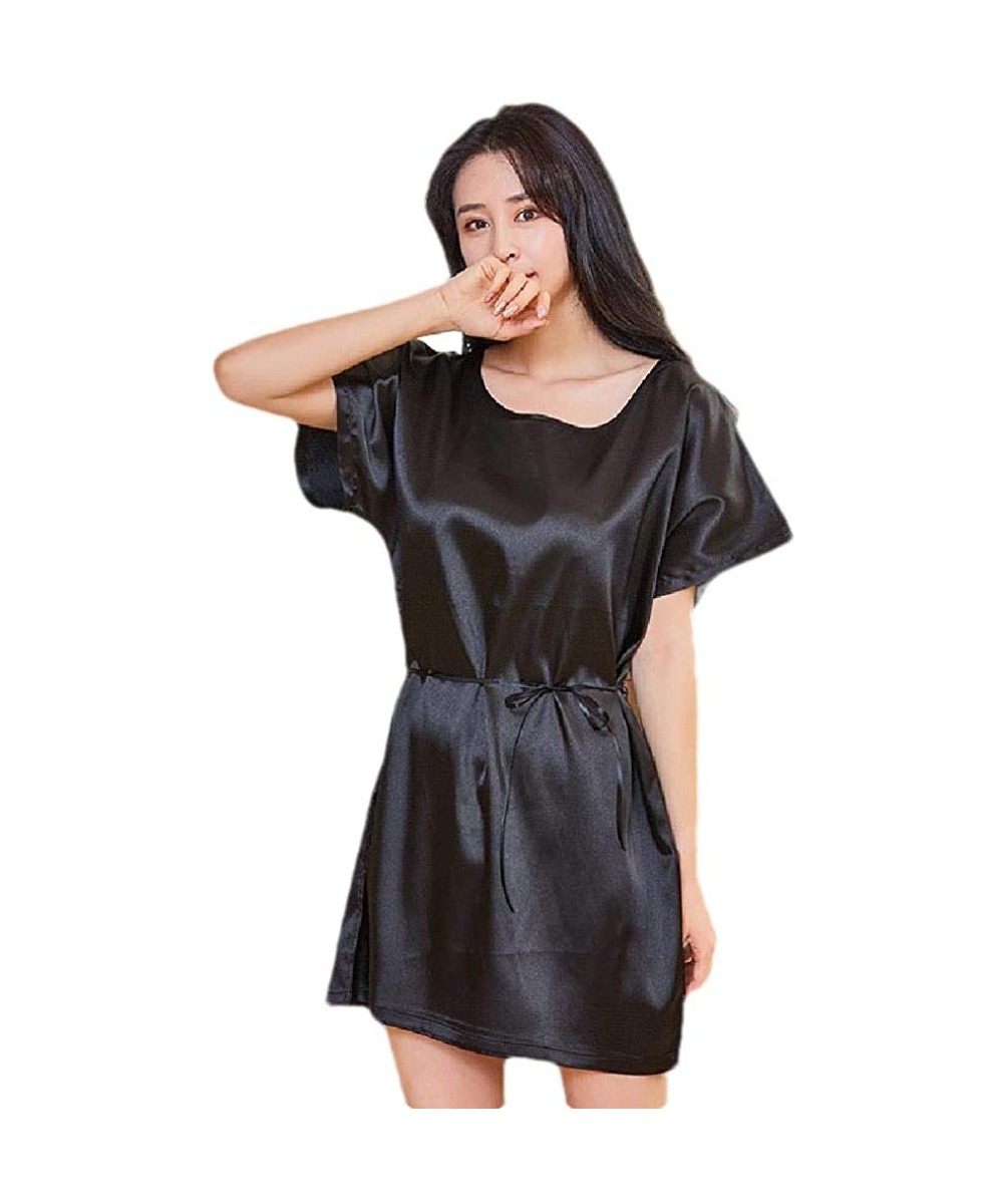 Nightgowns & Sleepshirts Women's Charmeuse Soft Plush Summer Spa Silky Short Sleep Dress - Black - CN199SNS9ZZ