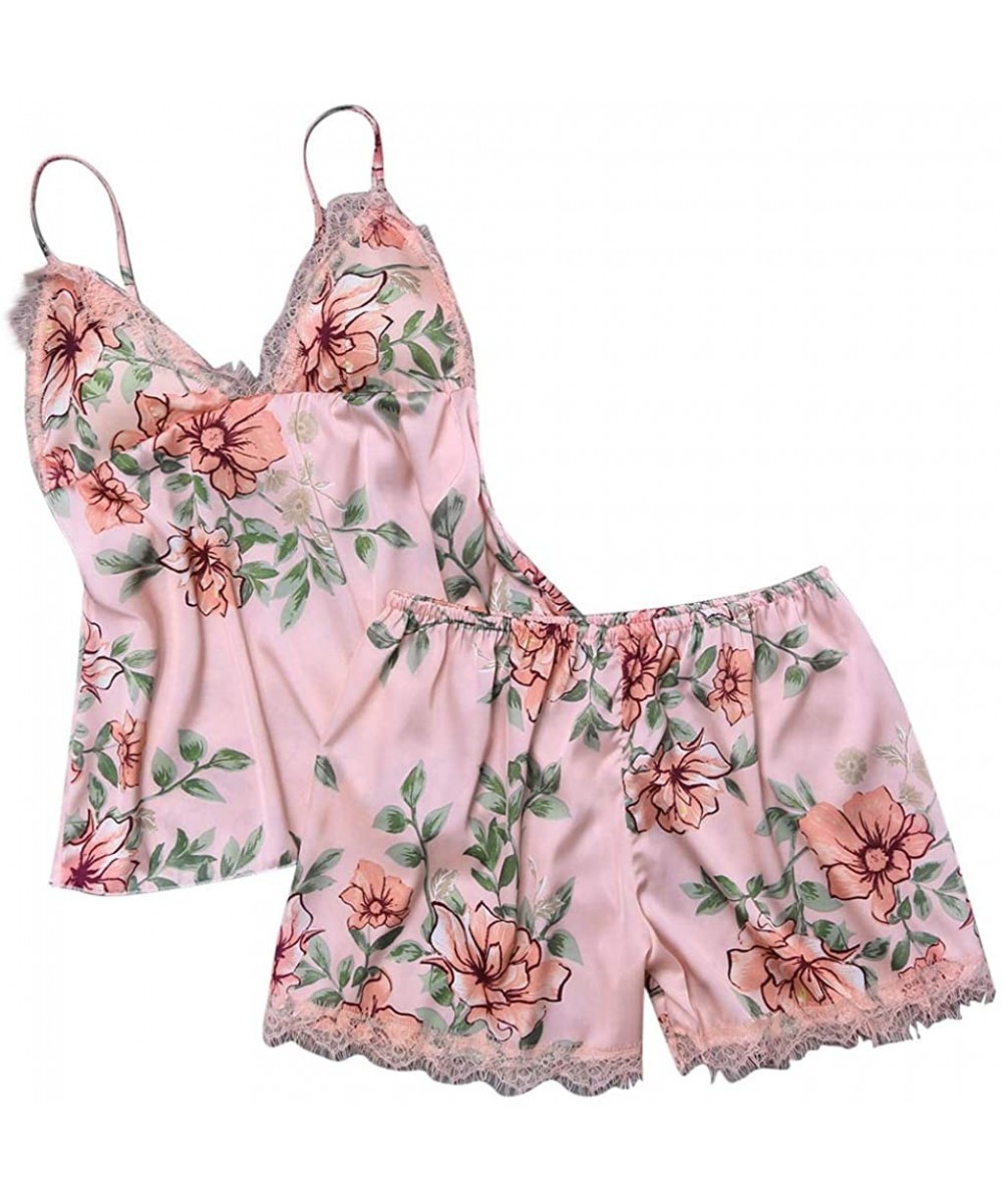 Sets Sexy Lace Floral Print Pyjamas V-Neck Sling Cami Top and Shorts Sleepwear Set - Pink - CL1952I202N