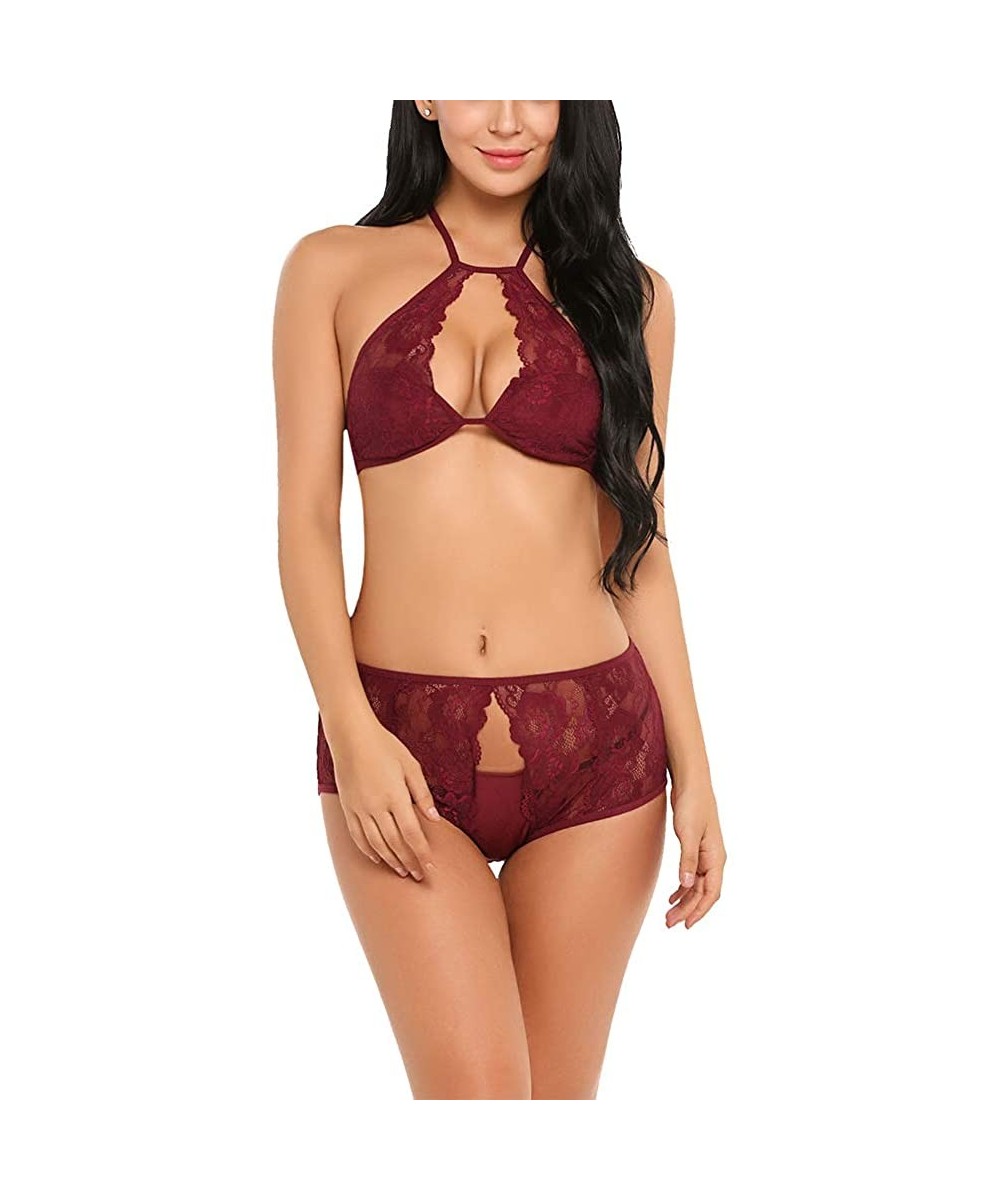 Sets Lingerie Lace Babydoll 2 Piece Outfits Sexy Bra and Panty Sets - Dark Red - CR18OW6K70M