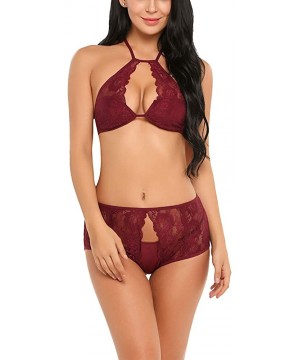 Sets Lingerie Lace Babydoll 2 Piece Outfits Sexy Bra and Panty Sets - Dark Red - CR18OW6K70M