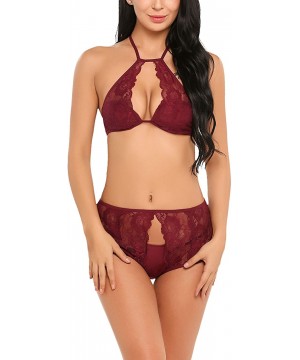 Sets Lingerie Lace Babydoll 2 Piece Outfits Sexy Bra and Panty Sets - Dark Red - CR18OW6K70M