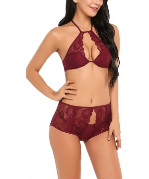 Sets Lingerie Lace Babydoll 2 Piece Outfits Sexy Bra and Panty Sets - Dark Red - CR18OW6K70M