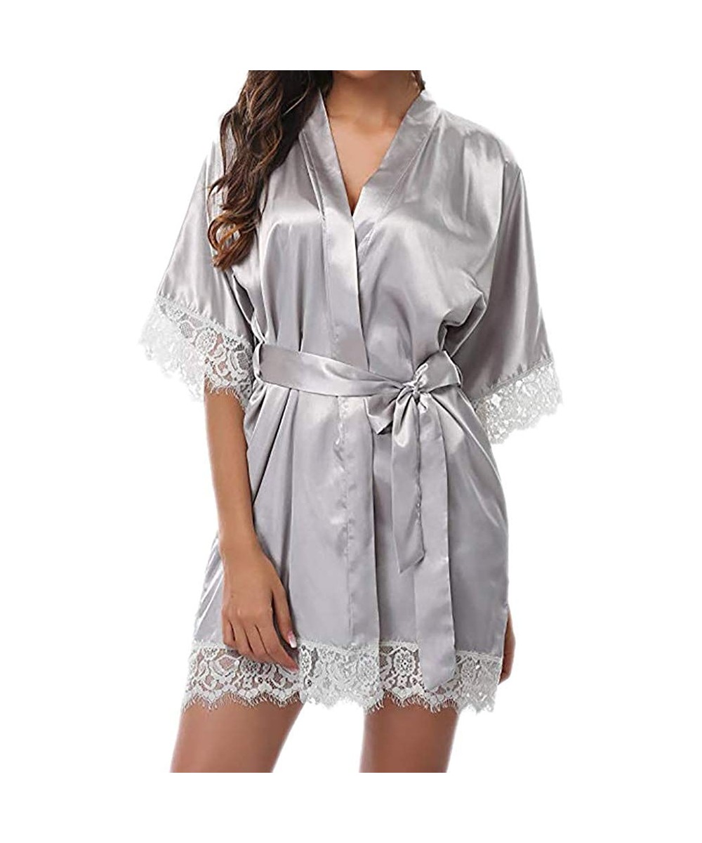 Robes Women Short Silk Kimono Robe Lace Trim Satin Sleepwear Bridesmaids with Briefs - Gray 2 - CP18WKE4AOY