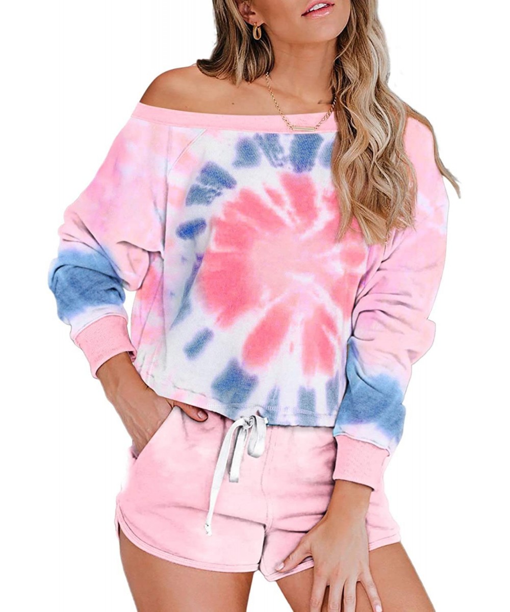 Sets Womens Summer Tie Dye Printed Frill Long Sleeve Shirt and Pants Pajamas Set - O Pink - CM199CL9KEZ