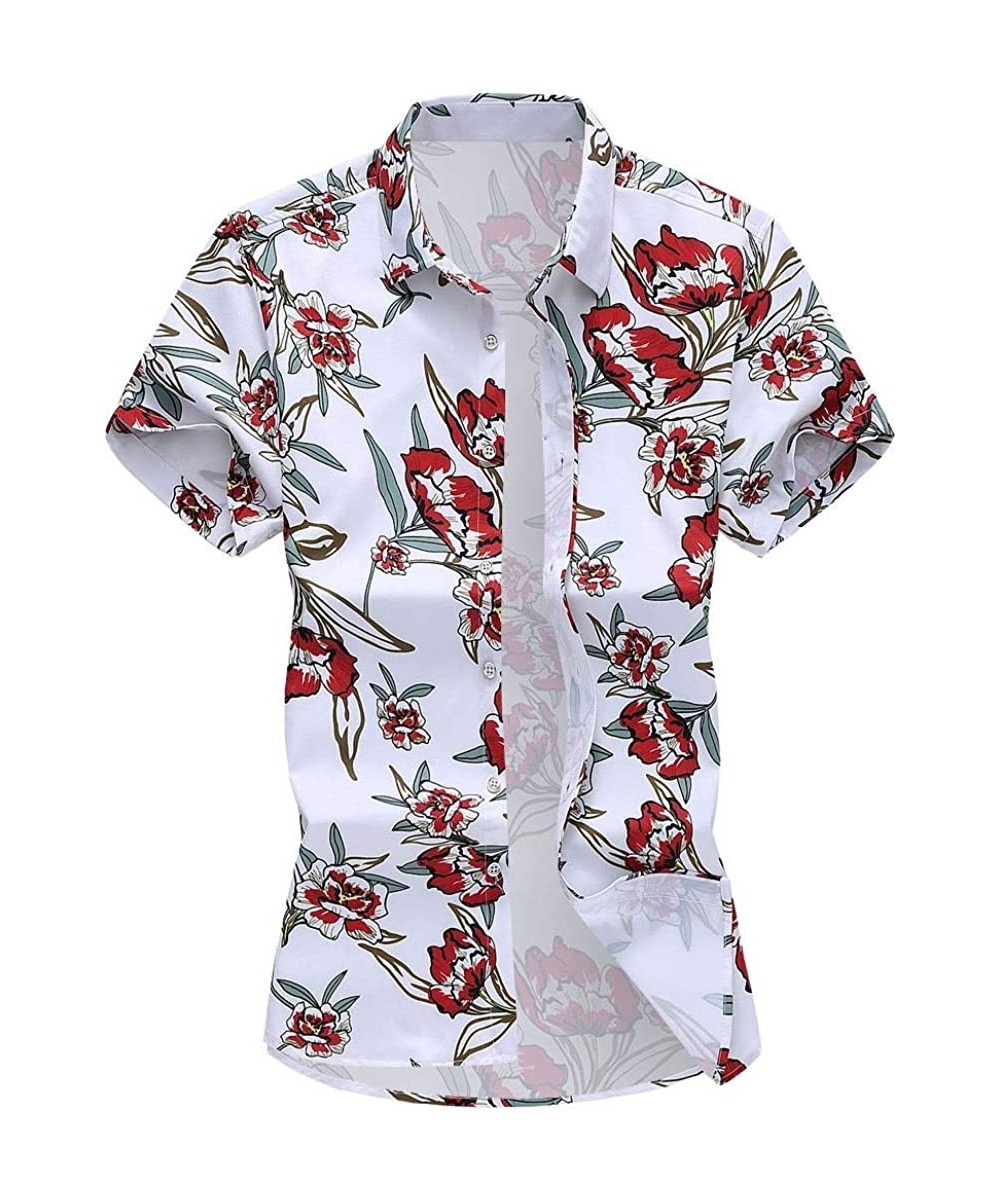 Trunks Fashion Men Slim Loose Hawaii Short Sleeve Printed Turn-Down Collar T-Shirt Tops - White - C9195R4M6TC