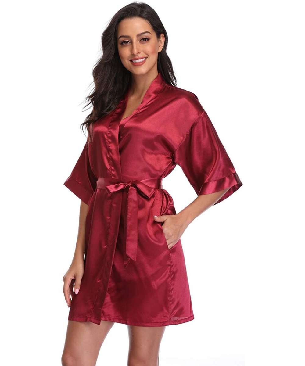 Robes Women's Satin Short Kimono Robe Solid Color Bridesmaid Robes Silky Bathrobe for Wedding Party - Wine Red - CX123WZFQ23