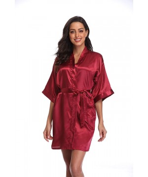 Robes Women's Satin Short Kimono Robe Solid Color Bridesmaid Robes Silky Bathrobe for Wedding Party - Wine Red - CX123WZFQ23