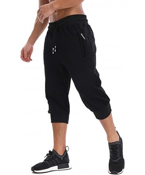 Sleep Bottoms Men's 3/4 Jogger Capri Pants Workout Gym Below Knee Shorts Zipper Pockets - Black - CW18RHAGUNW