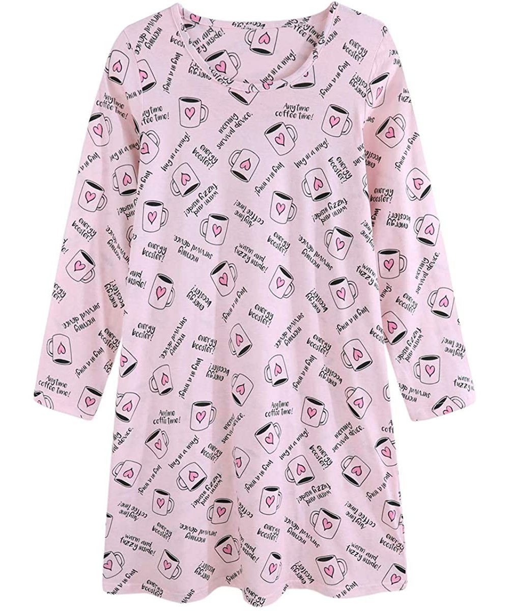 Sets Womens Cotton Nightgowns Long Sleeve Crew Neck Vivid Print Sleepshirts Dress Sleepwear 2020 Spring Autumn Ltpink Cup - C...