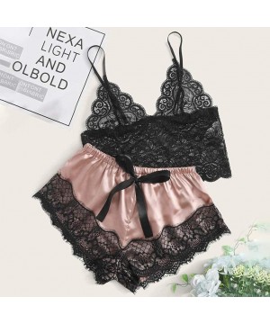 Sets Pajamas- New Sexy Lace Lingerie Silk Underwear Sleepwear Pajamas Satin - Pink - CM190LRR5O6