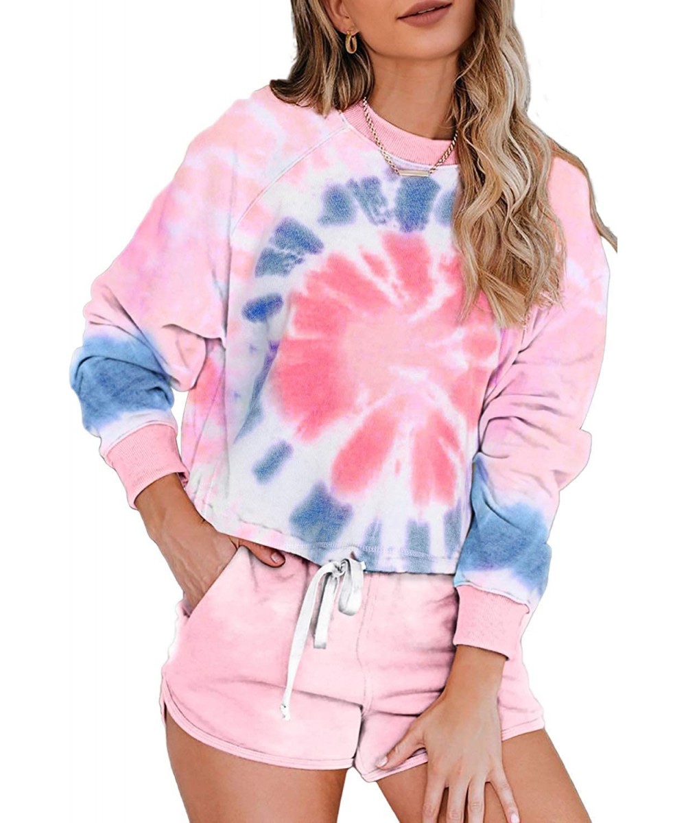 Sets Women's Shorts Pajamas Set Tie Dye Printed Crew Neck Long Sleeve Top Shorts Loungewear Nightwear Sleepwear - Pink - CW19...