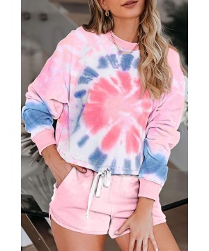 Sets Women's Shorts Pajamas Set Tie Dye Printed Crew Neck Long Sleeve Top Shorts Loungewear Nightwear Sleepwear - Pink - CW19...