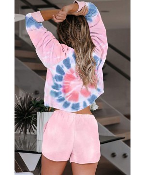 Sets Women's Shorts Pajamas Set Tie Dye Printed Crew Neck Long Sleeve Top Shorts Loungewear Nightwear Sleepwear - Pink - CW19...