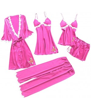 Sets Womens Lingerie Sexy Satin Pajamas Set 5pcs Nightgown Chemise with Robe Set Sexy Lace Nightwear Home Clothes - A-hot Pin...