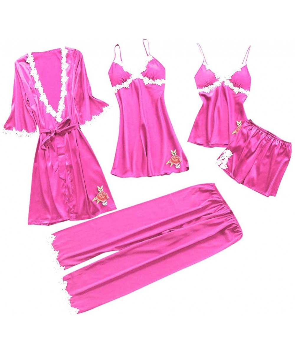 Sets Womens Lingerie Sexy Satin Pajamas Set 5pcs Nightgown Chemise with Robe Set Sexy Lace Nightwear Home Clothes - A-hot Pin...