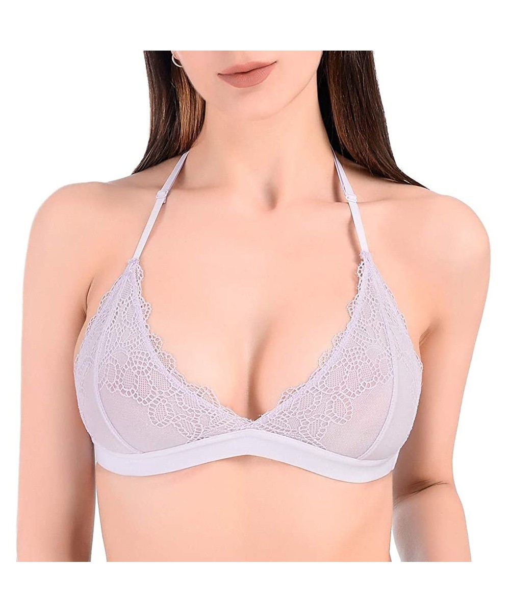 Bras Women's Lace Bralette Sexy Comfort Eyelet Bralette Bra T-Back - Lilac - C6194E4L743