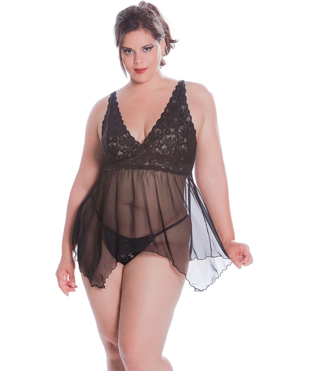 Baby Dolls & Chemises Women's Plus Size Chiffon Babydoll with G-String 5213/x (1x-6x) - Black - C51209P5PRF