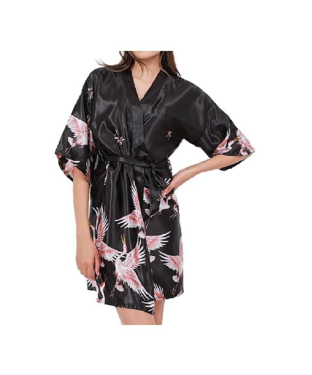 Robes Women's Charmeuse Print V Neck Pajama Sleep Robe Lounger Bathrobe AS10 M - As10 - CQ19DCSQRK6