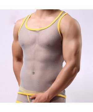 G-Strings & Thongs Mens Erotic Mesh Jumpsuit Sexy Tank Vest Bodysuits Yarn Bib Shorts Underwear - Gray - CV18Y5X4LXZ