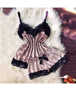 Sets Women's Eyelash Lace Trim Velvet Camisole and Shorts Set 2 Pieces Pajama Set Sexy Nightwear Mesh Babydolls - Black Eyela...