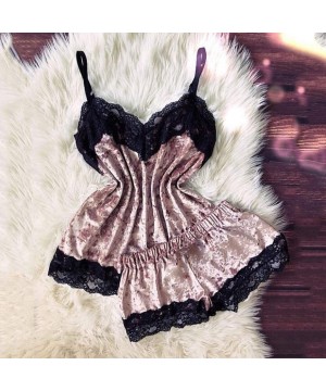 Sets Women's Eyelash Lace Trim Velvet Camisole and Shorts Set 2 Pieces Pajama Set Sexy Nightwear Mesh Babydolls - Black Eyela...