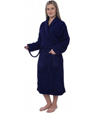 Robes Womens 100% Cotton Shawl Collar Robe Terry Cloth Bathrobe Available in Plus Size - Dark Navy - CG1875KULX3