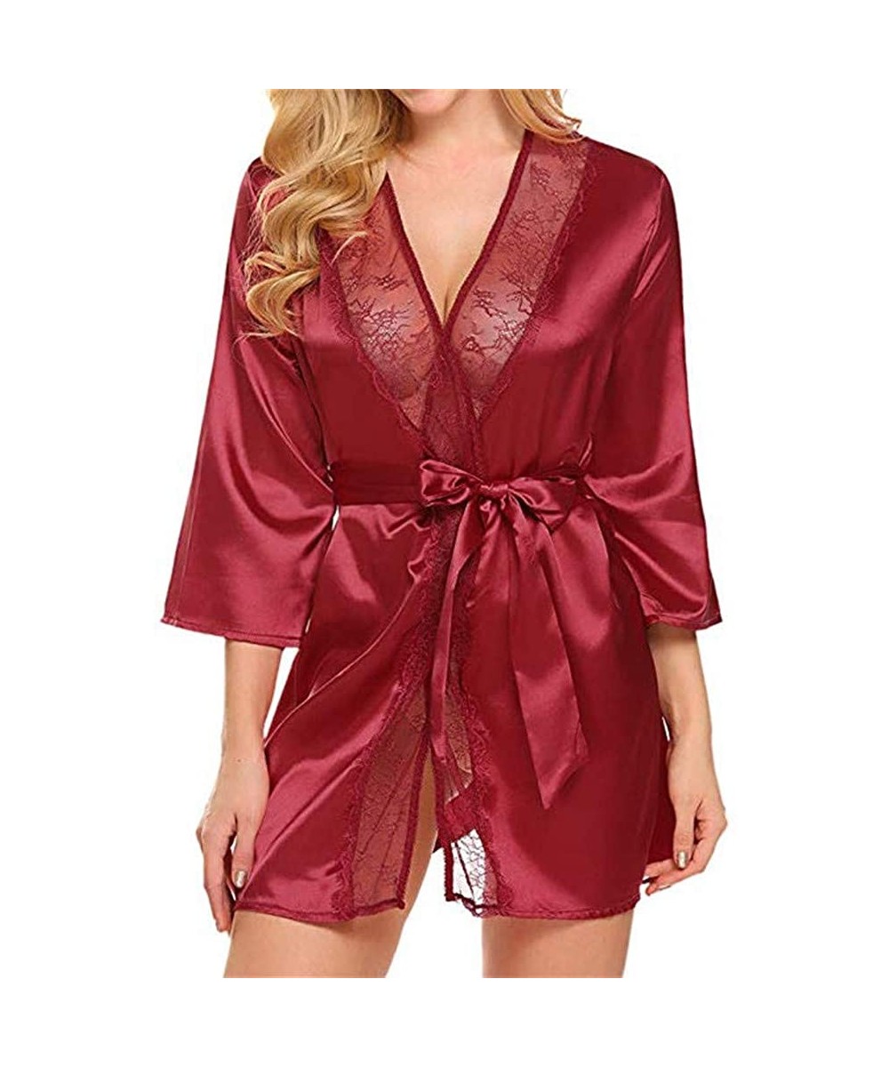 Robes Womens Satin Kimono Robes Short Silky Bathrobe Satin Bridal Dressing Gown Sleepwear Panty Set Belt 3PC Suit Red - CM193...