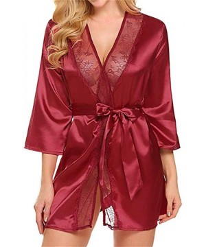 Robes Womens Satin Kimono Robes Short Silky Bathrobe Satin Bridal Dressing Gown Sleepwear Panty Set Belt 3PC Suit Red - CM193...