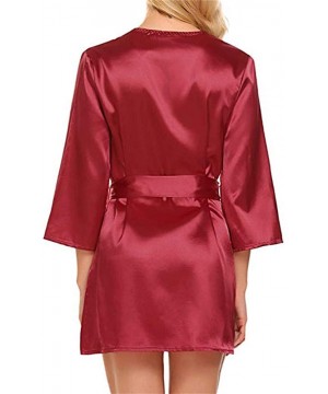 Robes Womens Satin Kimono Robes Short Silky Bathrobe Satin Bridal Dressing Gown Sleepwear Panty Set Belt 3PC Suit Red - CM193...