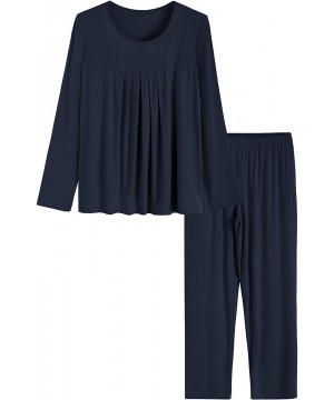 Sets Women's Long Sleeves Pleated Front Tops Pajamas Pants with Pockets - Navy - CL18ASDHK66