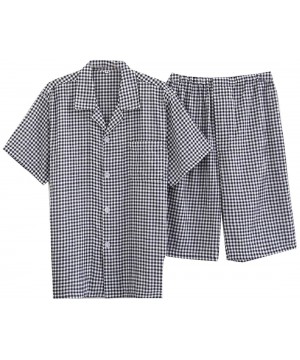 Sleep Sets Men Pjs Plaid Stripes Casual Loose Short Sleve Family Pajama Set - Navy Blue - CC18TY55U7A