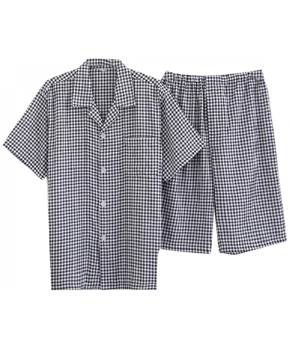 Sleep Sets Men Pjs Plaid Stripes Casual Loose Short Sleve Family Pajama Set - Navy Blue - CC18TY55U7A