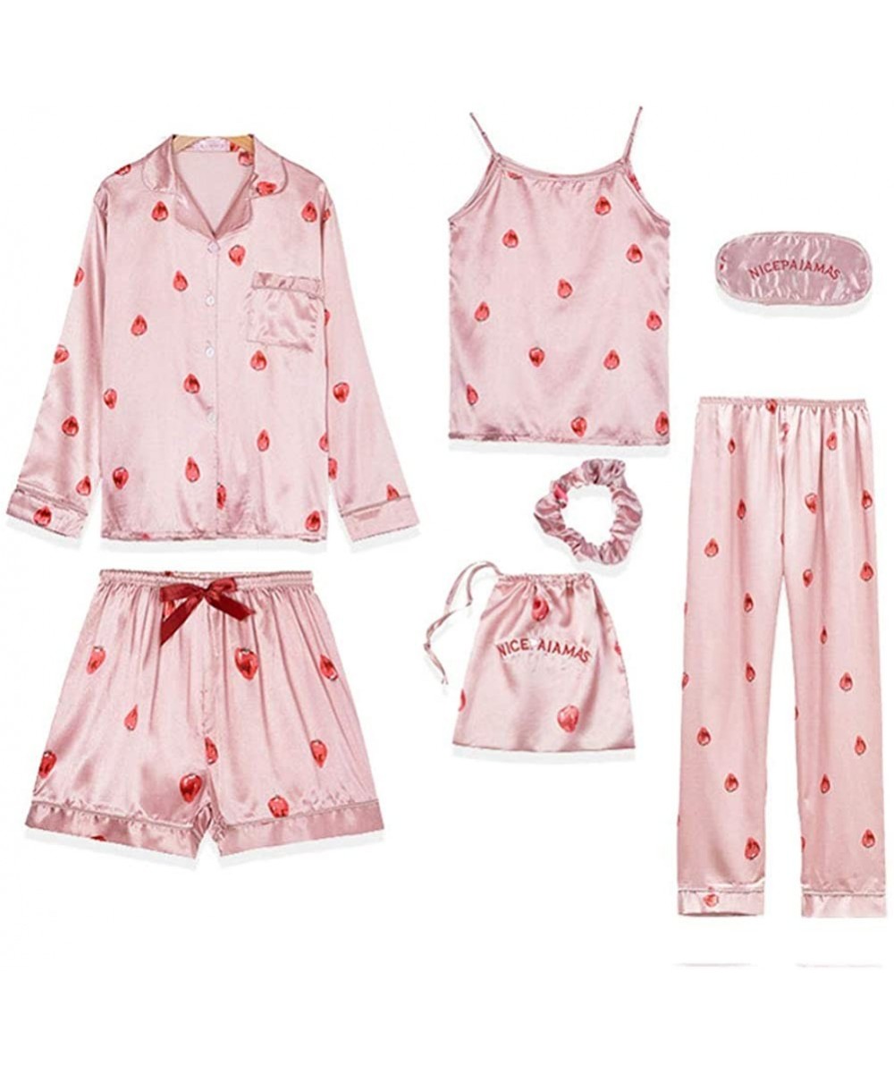 Sets Women's Silk Satin Pajamas Long Sleeve Sleepwear 7pcs Pajama Set Loungewear - Strawberry Pink - CD197AQ47YG