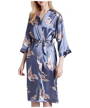 Robes Women's Kimono Robe Nightgown Bathrobe Dressing Gown with Satin Crane Sleepwear Spa Pajama Loungewear - Blue - CF198467H9H