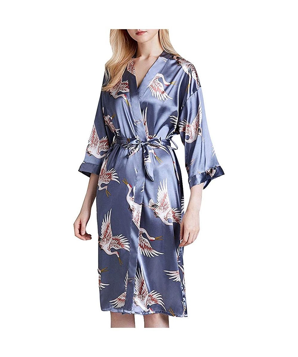 Robes Women's Kimono Robe Nightgown Bathrobe Dressing Gown with Satin Crane Sleepwear Spa Pajama Loungewear - Blue - CF198467H9H