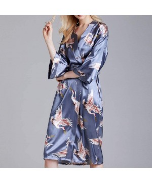 Robes Women's Kimono Robe Nightgown Bathrobe Dressing Gown with Satin Crane Sleepwear Spa Pajama Loungewear - Blue - CF198467H9H