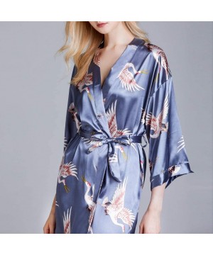 Robes Women's Kimono Robe Nightgown Bathrobe Dressing Gown with Satin Crane Sleepwear Spa Pajama Loungewear - Blue - CF198467H9H