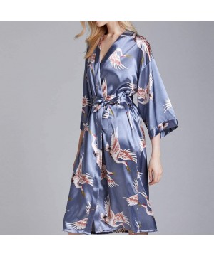 Robes Women's Kimono Robe Nightgown Bathrobe Dressing Gown with Satin Crane Sleepwear Spa Pajama Loungewear - Blue - CF198467H9H