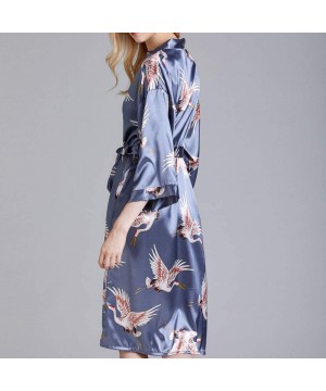 Robes Women's Kimono Robe Nightgown Bathrobe Dressing Gown with Satin Crane Sleepwear Spa Pajama Loungewear - Blue - CF198467H9H