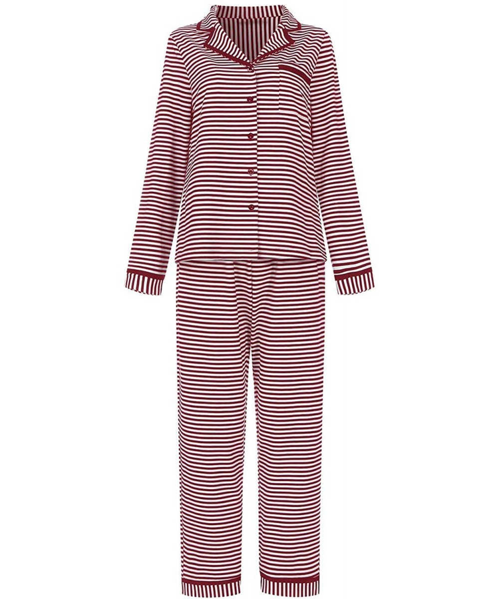 Sets Women Pajamas Set Long Sleeve Sleepwear Button Down Pjs Loungewear Sets - Stripe-wine Red - CU18A2RSR4S