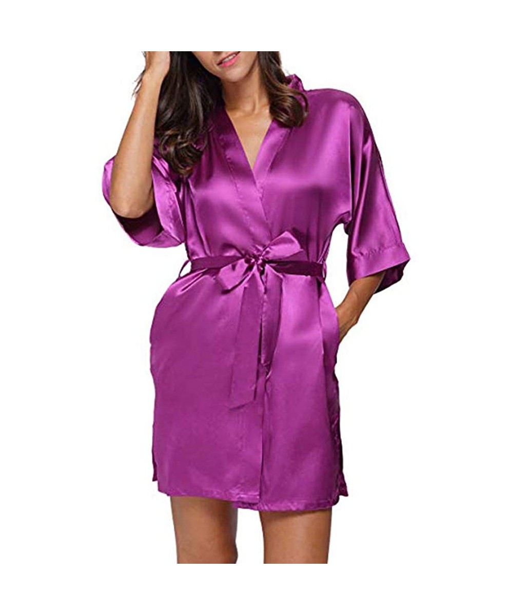 Robes Women's Sexy Satin Silk Sleepwear Half Sleeve Nightgown Plain Short Bathrobes with Belt - Hot Red - C318N7Y26SI