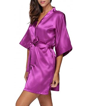 Robes Women's Sexy Satin Silk Sleepwear Half Sleeve Nightgown Plain Short Bathrobes with Belt - Hot Red - C318N7Y26SI