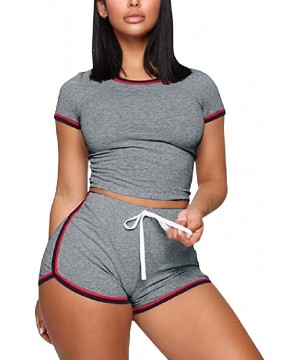 Sets Women Summer 2 Piece Outift Bodycon Short Sleeve Top and Drawsting Pant Short Sets Tracksuit - Grey - C5198D36YKM