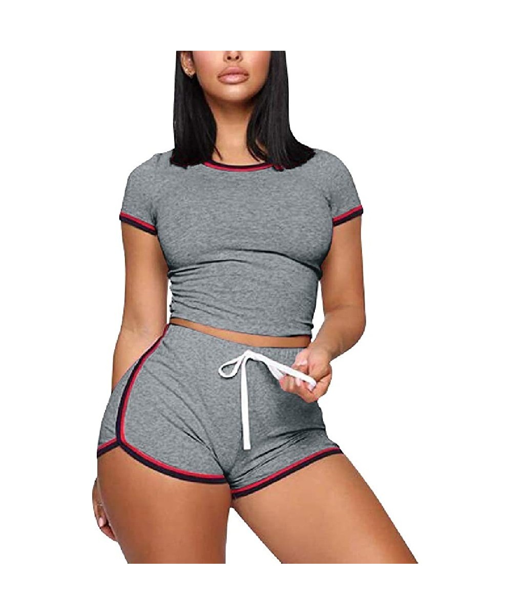 Sets Women Summer 2 Piece Outift Bodycon Short Sleeve Top and Drawsting Pant Short Sets Tracksuit - Grey - C5198D36YKM