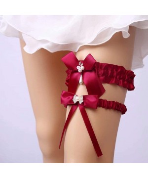 Garters & Garter Belts Women's Lace Wedding Garters for Bride with Pearls 2-Piece Set Bridal Garter Prom Gift - Burgundy - C4...