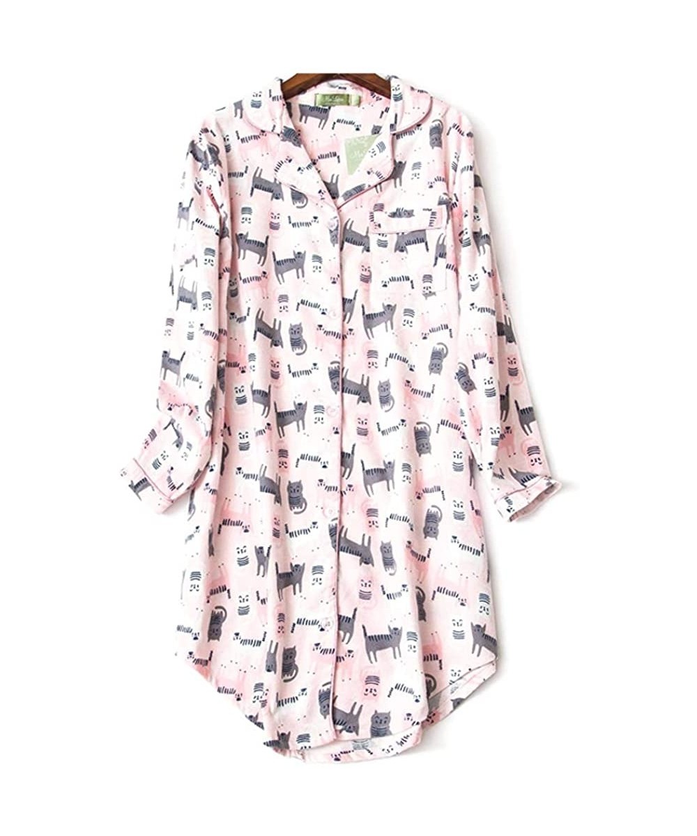 Sets Women's Sleep Shirt Flannel Print Pajama Top Button-Front Nightshirt Sleepwear - Pink Cat - C918K7RXDT7