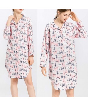 Sets Women's Sleep Shirt Flannel Print Pajama Top Button-Front Nightshirt Sleepwear - Pink Cat - C918K7RXDT7