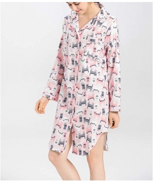 Sets Women's Sleep Shirt Flannel Print Pajama Top Button-Front Nightshirt Sleepwear - Pink Cat - C918K7RXDT7