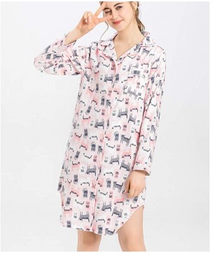 Sets Women's Sleep Shirt Flannel Print Pajama Top Button-Front Nightshirt Sleepwear - Pink Cat - C918K7RXDT7