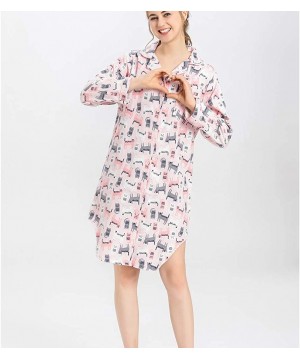 Sets Women's Sleep Shirt Flannel Print Pajama Top Button-Front Nightshirt Sleepwear - Pink Cat - C918K7RXDT7